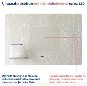 Oglindă LED Dreptunghiulară (120x80 cm), 3 Moduri Iluminare (Lumină Rece, Naturală, Caldă), Intensitate Reglabilă, Funcție Dezaburire, Ceas (Timer) și Termometru, Control Tactil (Touch)