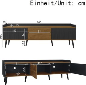 Comodă TV cu 3 uși, picioare din lemn și margine înaltă, 160x39x49,5 cm, Culoare naturală+Negru