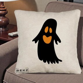 Perna Decorativa Halloween Fantoma Neagra cu Ochi Portocalii, 40x40 cm, Bej Canapea, Husa Detasabila, Perna Inclusa, BEKZ®
