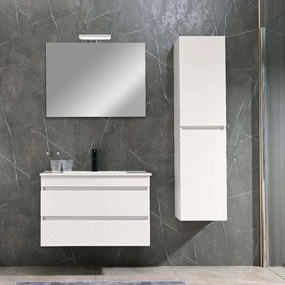 Mobilier de baie Cube 80 cm cu lavoar ceramic (2 sertare) și oglindă 60x80 cm vopsit în alb lucios