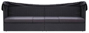 Pat canapea de exterior cu copertină, negru, poliratan