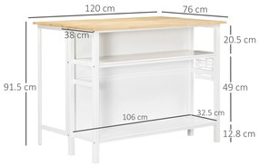 Insula de bucatarie, masa pliabila cu 2 rafturi din lemn si otel, alb 120x76x91,5cm HOMCOM | Aosom RO