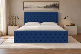 Pat tapițat Chesterfield din catifea Ophelia Deluxe 120×200 cm, albastru, cu ladă de depozitare