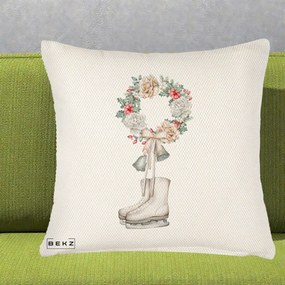 Perna Decorativa Patine cu Coroana Florala de Craciun, 40x40 cm, Crem Reliefat, Husa Detasabila, Perna Inclusa, BEKZ®