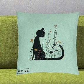 Perna Decorativa Pisica Neagra Flori Portocalii Silueta, 40x40 cm, Verde Menta, Husa Detasabila, Perna Inclusa, BEKZ®