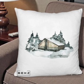 Perna Decorativa Cabana de Iarna in Padure, 40x40 cm, Alb Pufos, Husa Detasabila, Perna Inclusa, BEKZ®