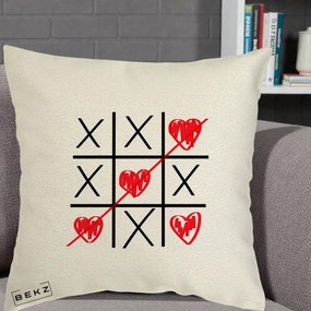 Cadou Romantic - Perna Personalizata Love Joc X si Inima cu Castigator Iubire, 40x40 cm, Ecru, Husa Detasabila, Perna Inclusa, BEKZ®
