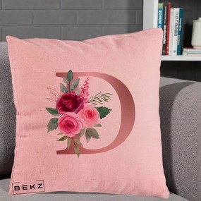 Cadou Personalizat - Perna Personalizata Monograma Rose Gold Litera D, 40x40 cm, Roz, Husa Detasabila, Perna Inclusa, BEKZ®