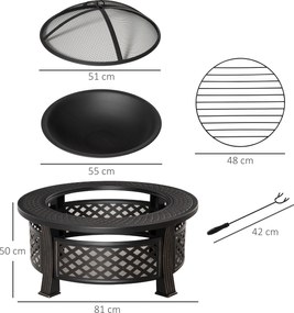 Outsunny Cuvă de foc cu cârlig, protecție la scântei, coș de foc, masă pentru foc rotund, loc de foc pentru grădină, camping, BBQ, oțel, negru, 81 x 81 x 50 cm | Aosom Romania
