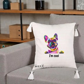 Perna Personalizata Bulldog Francez I'm Cool, 40x40 cm, Bej cu Franjuri, Husa Detasabila, Perna Inclusa, BEKZ®