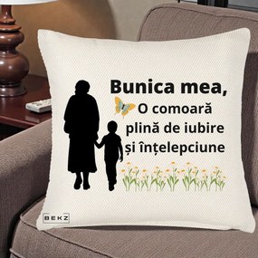 Cadou pentru Bunica - Perna Personalizata Bunica Mea Comoara cu Fluture si Baietel, 40x40 cm, Crem Reliefat, Husa Detasabila, Perna Inclusa, BEKZ®