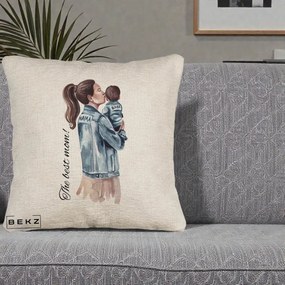 Cadou pentru Mama - Perna Personalizata The Best Mom Jachete, 40x40 cm, Bej Canapea, Husa Detasabila, Perna Inclusa, BEKZ®