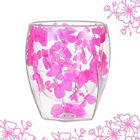 Pahar din sticlă, pereți dubli, flori uscate, hortensie roz, 250 ml