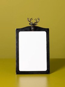 Ramă foto din alamă, negru, dreptunghiulară, cap de cerb cu coarne ramificate în vârf, finisaj antichizat, 25 x 15 cm, „Cerf”