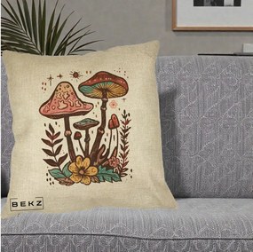 Perna Decorativa Ciuperci Boho Multicolore, 40x40 cm, Crem, Husa Detasabila, Perna Inclusa, BEKZ®