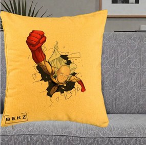 Perna Personalizata One Punch Man Saitama Pumn, 40x40 cm, Galben, Husa Detasabila, Perna Inclusa, BEKZ®