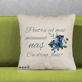 Cadou pentru Nas - Perna Personalizata Pentru Cel mai Minunat Nas Cu drag Finii, 40x40 cm, Bej Canapea, Husa Detasabila, Perna Inclusa, BEKZ®
