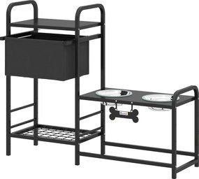 PawHut Bol ridicat pentru câini, reglabil pe înălțime, cu spațiu de depozitare, 2 x boluri din oțel inoxidabil 800 ml, 89,5x27x74 cm, Negru | Aosom Romania