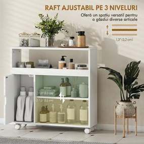 HOMCOM Dulap de Baie cu Roți, Raft Reglabil, Ușă Glisantă din Sticlă Călită, Alb | Aosom Romania