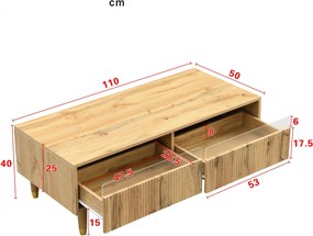 Set mobilier LED modern, comodă TV cu 4 uși &amp; masă de cafea cu 2 sertare, 178x35x45+110x50x40 cm, Culoare naturală