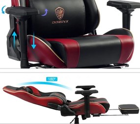 RESIGILAT- DOWINX Scaun gaming, ergonomic, pernă lombară cu masaj, suport pentru picioare, piele PU matlasata, respirabila, cotiere 4D, rezistent 150 kg, Negru/Rosu