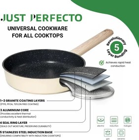 Set cratite, cos de prajit si tigaie Just Perfecto JL-331, 6 piese, Acoperire marmura, Inductie, Capac din sticla cu orificiu pentru abur, Bej