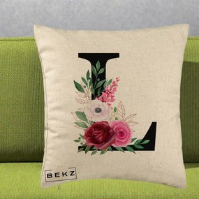 Cadou Personalizat - Perna Personalizata Monograma Florala Litera L, 40x40 cm, Bej, Husa Detasabila, Perna Inclusa, BEKZ®