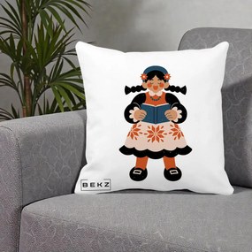 Perna Personalizata Fetita cu Carte Ilustratie Folk, 40x40 cm, Alba Mata, Husa Detasabila, Perna Inclusa, BEKZ®