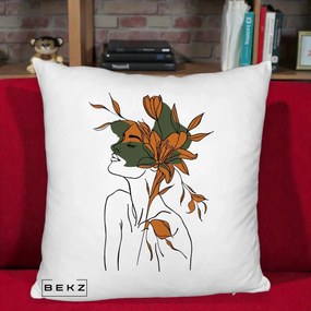 Perna Decorativa Portret Feminin Crin Auriu, 40x40 cm, Alb Pufos, Husa Detasabila, Perna Inclusa, BEKZ®
