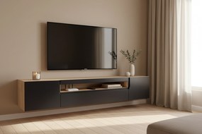 Dulap TV suspendat Loftia 200 cm cu două uși și nișă - artisan / negru mat