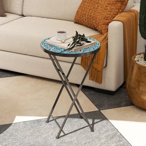 Outsunny Masă de grădină mozaic, Masă rotundă pliabilă pentru terasă cu cadru metalic și blat de ceramică, Model mozaic, Albastru | Aosom Romania