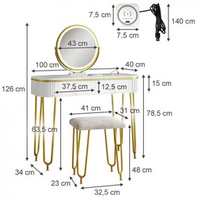 SEA471 - Set Masa toaleta cu Incarcare Wireless Qi, 100 cm, cosmetica machiaj, oglinda cu LED, scaunel taburet tapitat - Alb Lucios-Auriu