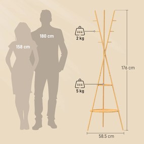 HOMCOM Cuier freestanding cu 9 cârlige și 2 polițe pentru intrare, lemn natural | Aosom Romania
