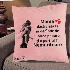 Cadou pentru Mama - Perna Personalizata Mama Nemuritoare Gravura Vintage, 40x40 cm, Roz, Husa Detasabila, Perna Inclusa, BEKZ®