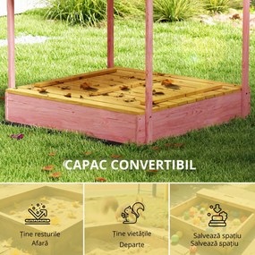 AIYAPLAY Ladă de Nisip pentru Copii 3-6 Ani cu Acoperiș cu Flamingo, Scaune Pliabile, Capac și Husă Incluse, Ladă de Joacă din Lemn de Brad, 134,5x127,5x130 cm, Roz | Aosom Romania