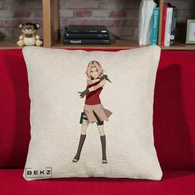 Perna Personalizata Naruto Sakura Haruno Portret, 40x40 cm, Bej Canapea, Husa Detasabila, Perna Inclusa, BEKZ®