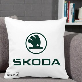 Perna Personalizata cu emblema Skoda, 40x40 cm, Alba Mata, Husa Detasabila, Perna Inclusa, BEKZ®