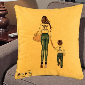 Cadou pentru Mama - Perna Personalizata, Model Mother of a Prince, 40x40 cm, Galben, Husa Detasabila, Perna Inclusa, BEKZ®