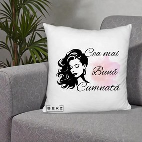 Cadou pentru Cumnata - Perna Personalizata Cea mai Buna Cumnata cu Silueta Dama si Pete Roz, 40x40 cm, Alb Pufos, Husa Detasabila, Perna Inclusa, BEKZ®