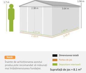 Outsunny Magazie de Grădină din Metal 364 x 238 cm cu 4 Grile de Ventilație și Uși Duble cu Încuietoare, Maro | Aosom Romania
