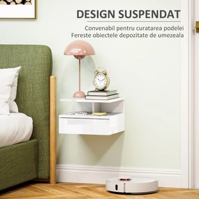 HOMCOM Set de 2 Noptiere Suspendate cu Sertar și Raft Superior din Lemn, 35x32x22.5 cm, Alb Lucios | Aosom Romania