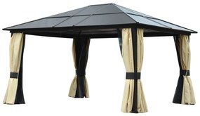 Outsunny Pavilion de grădină Hardtop 4.2 x 3.6 m, Draperii cu plasă împotriva insectelor, Structură din aluminiu, Maro+Crem | Aosom Romania