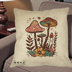 Perna Decorativa Ciuperci Boho Multicolore, 40x40 cm, Crem, Husa Detasabila, Perna Inclusa, BEKZ®