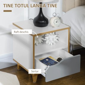 Set de 2 Noptiere Moderne HOMCOM cu Sertar și Raft din Lemn MDF 36,8x33x43,8cm Alb și Gri | Aosom Romania