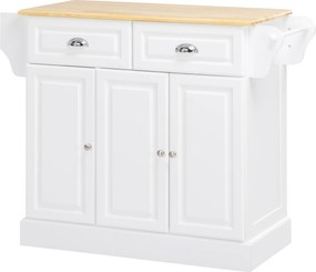 HOMCOM, Insulă de bucătărie pe roți, cu 2 sertare, suport pentru condimente și suport pentru ștergare, 110 x 45 x 91 cm, alb | Aosom Romania