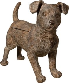 Cutie decorativă din rășină maro în formă de cățel, capac detașabil, finisaj antichizat, 28,5 x 36,5 x 13 cm, „Filou”