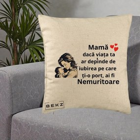 Cadou pentru Mama - Perna Personalizata Mama Nemuritoare Aproape de Bebe, 40x40 cm, Bej, Husa Detasabila, Perna Inclusa, BEKZ®