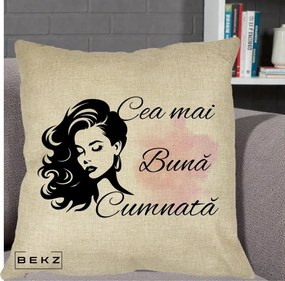 Cadou pentru Cumnata - Perna Personalizata Cea mai Buna Cumnata cu Silueta Dama si Pete Roz, 40x40 cm, Crem, Husa Detasabila, Perna Inclusa, BEKZ®