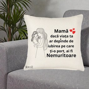 Cadou pentru Mama - Perna Personalizata Mama Nemuritoare cu Copilul in Poala, 40x40 cm, Crem Reliefat, Husa Detasabila, Perna Inclusa, BEKZ®