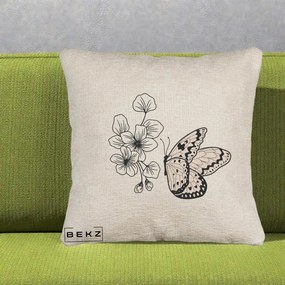 Perna Decorativa Fluture si Flori Linie Monocroma, 40x40 cm, Bej Canapea, Husa Detasabila, Perna Inclusa, BEKZ®